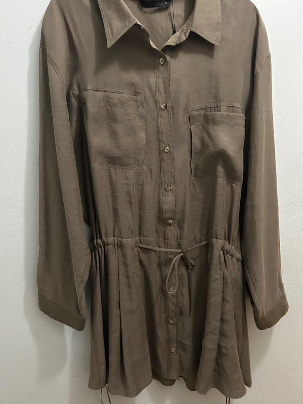 Button-Front Brown Shirt Dress with Drawstring Waist or jacket - Picture 5 of 7